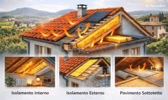 Esempio di isolamento del tetto con isolamento interno, isolamento esterno e pavimento sottotetto isolato - Homedeal